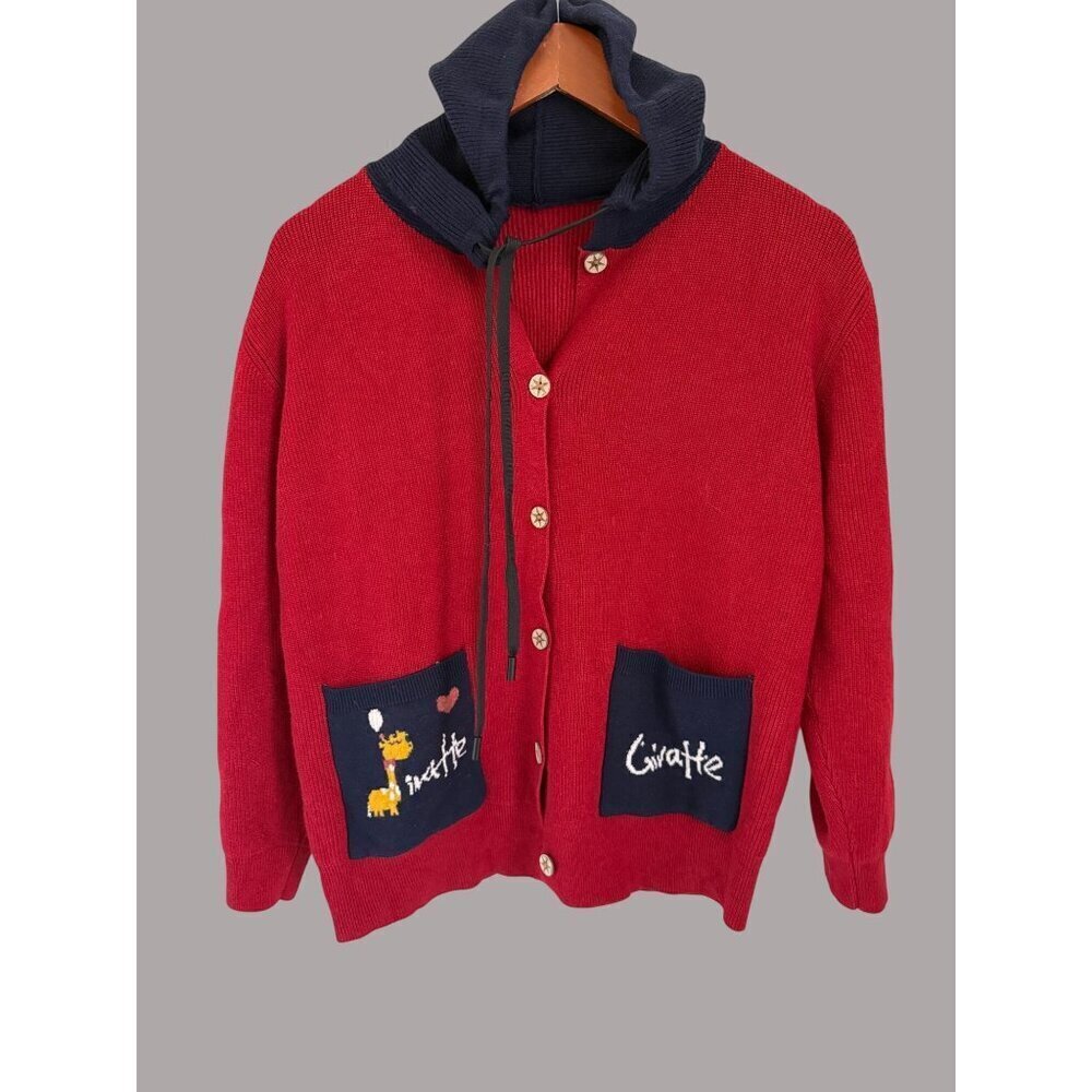 Vintage Red Knit Cardigan With Blue Hood & Giraffe Embroidered Pockets